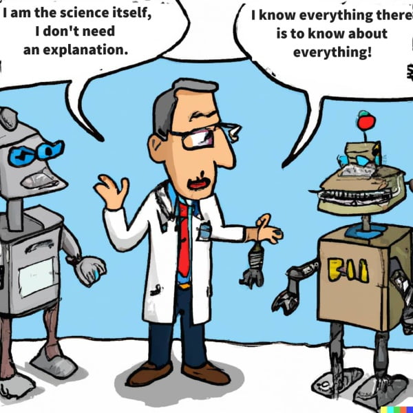 dr fauci arguing with two bots cartoon