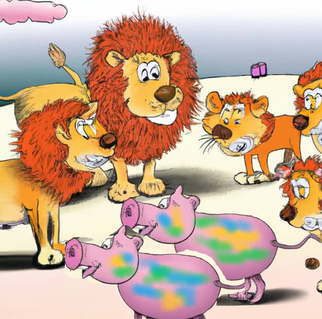 two pigs approach a group of lions