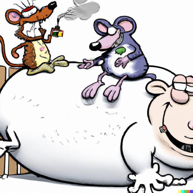 2 mice high on pharmacy approved dope harass a fat lazy cat