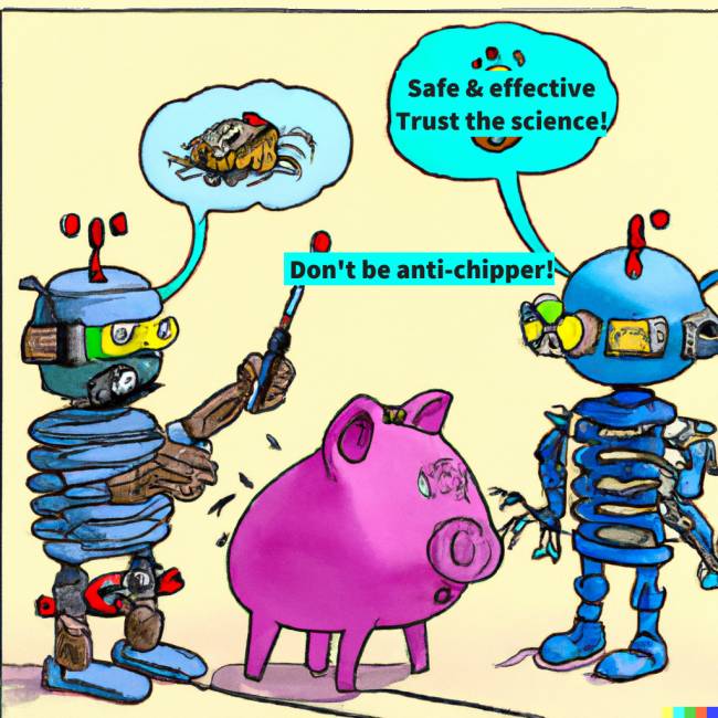 two bots trying to convince a pig that implanting a chip in its brain is safe and effective