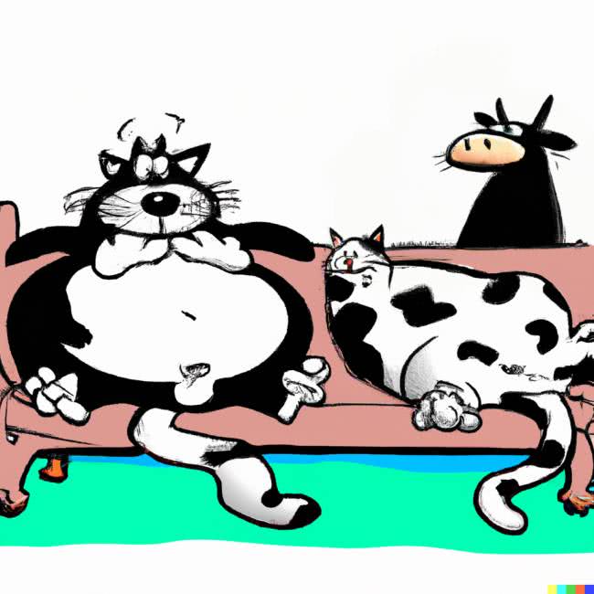 two fat lazy cats and a thin cow